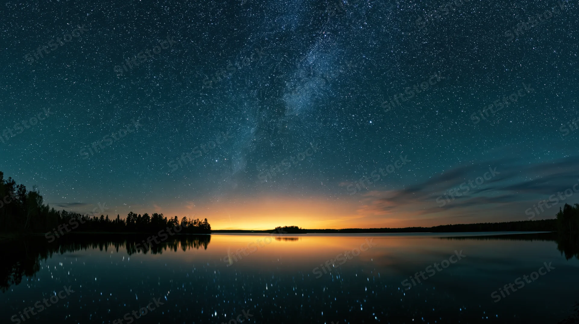 Milky way reflected in calm lake water at twilight with forest silhouette along horizon