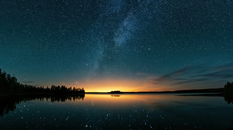 Milky way reflected in calm lake water at twilight with forest silhouette along horizon