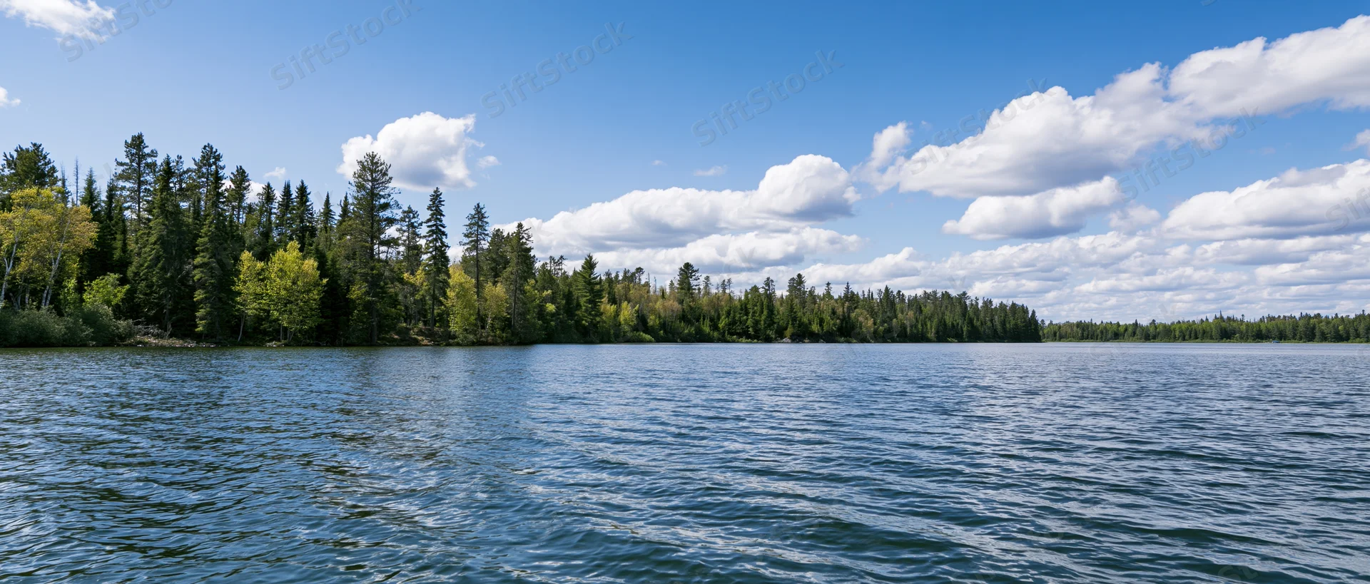 Calm lake surface reflecting blue sky and white clouds with evergreen forest along the shoreline