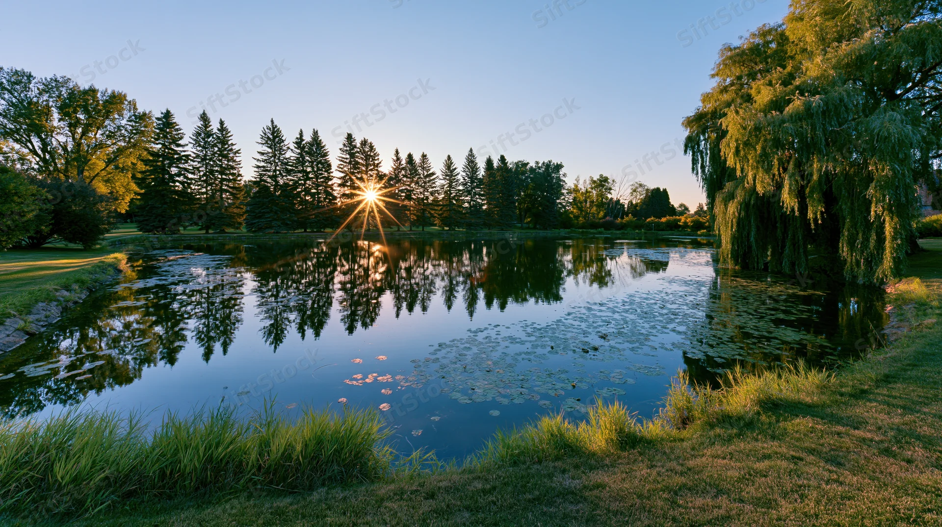 Calm pond reflecting trees and sunset in a park setting