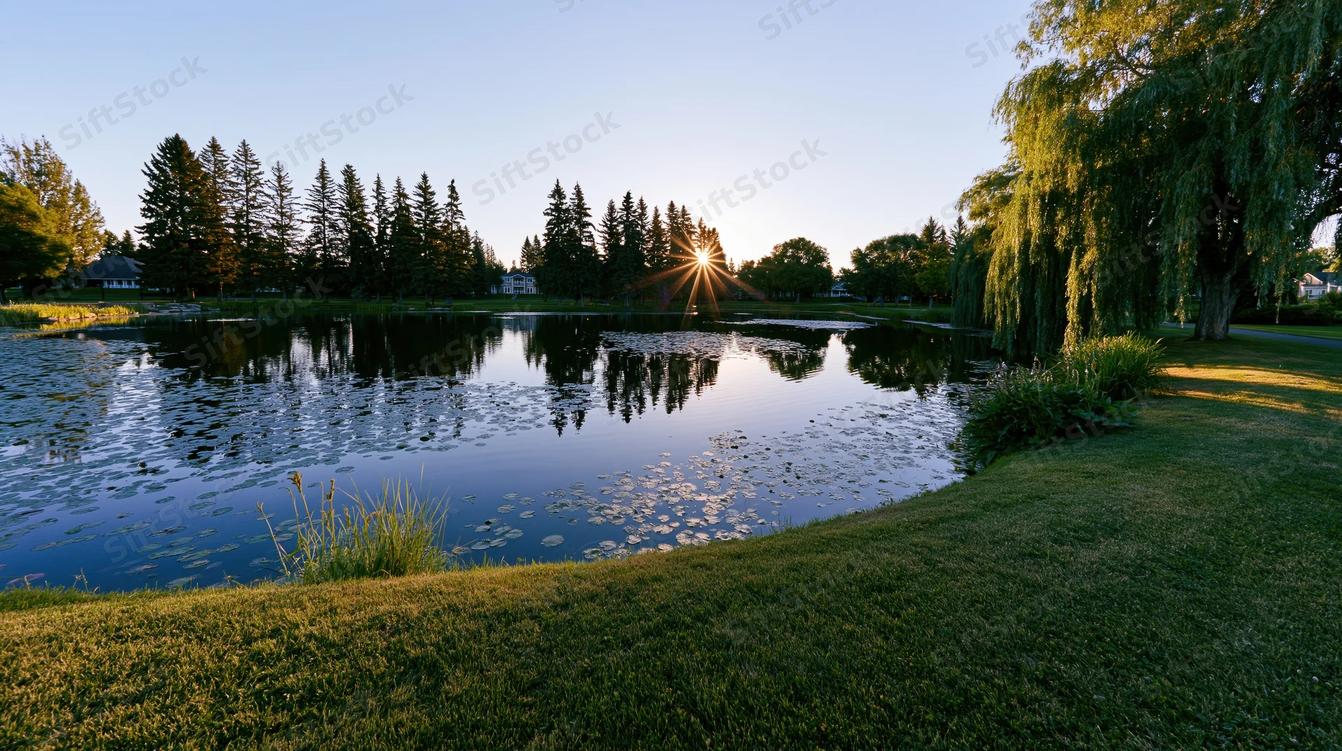 Calm pond reflecting trees and sunset in a suburban park at evening