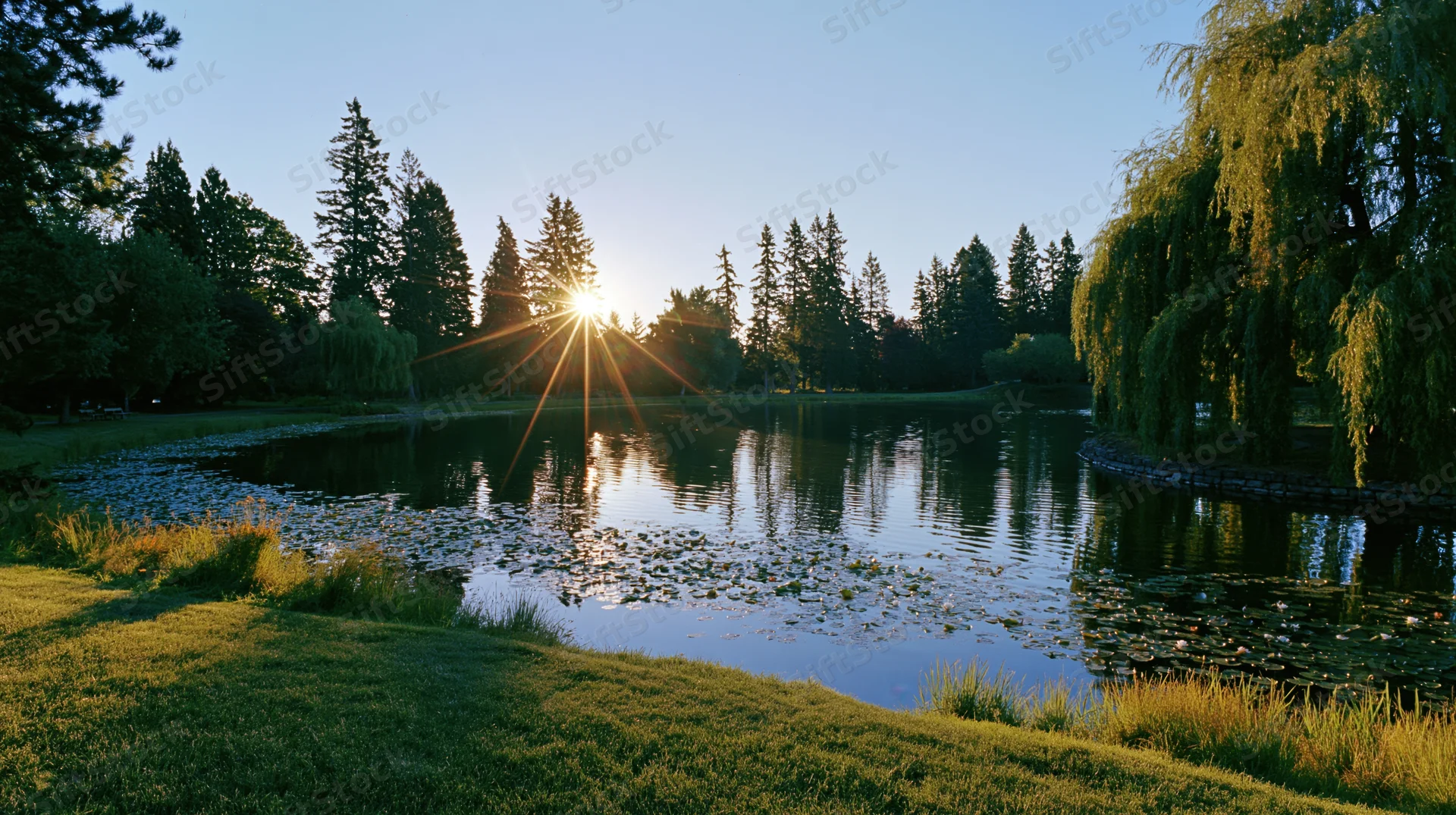 Sunrise over a calm lake surrounded by pine and willow trees in a park setting