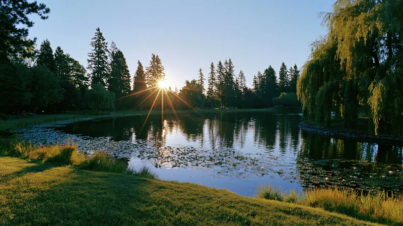 Sunrise over a calm lake surrounded by pine and willow trees in a park setting