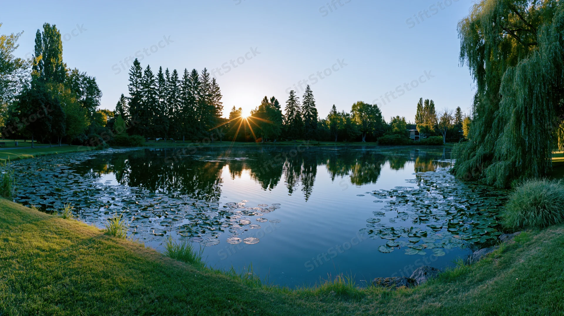 Calm pond with lily pads and tree reflections at sunset in a park