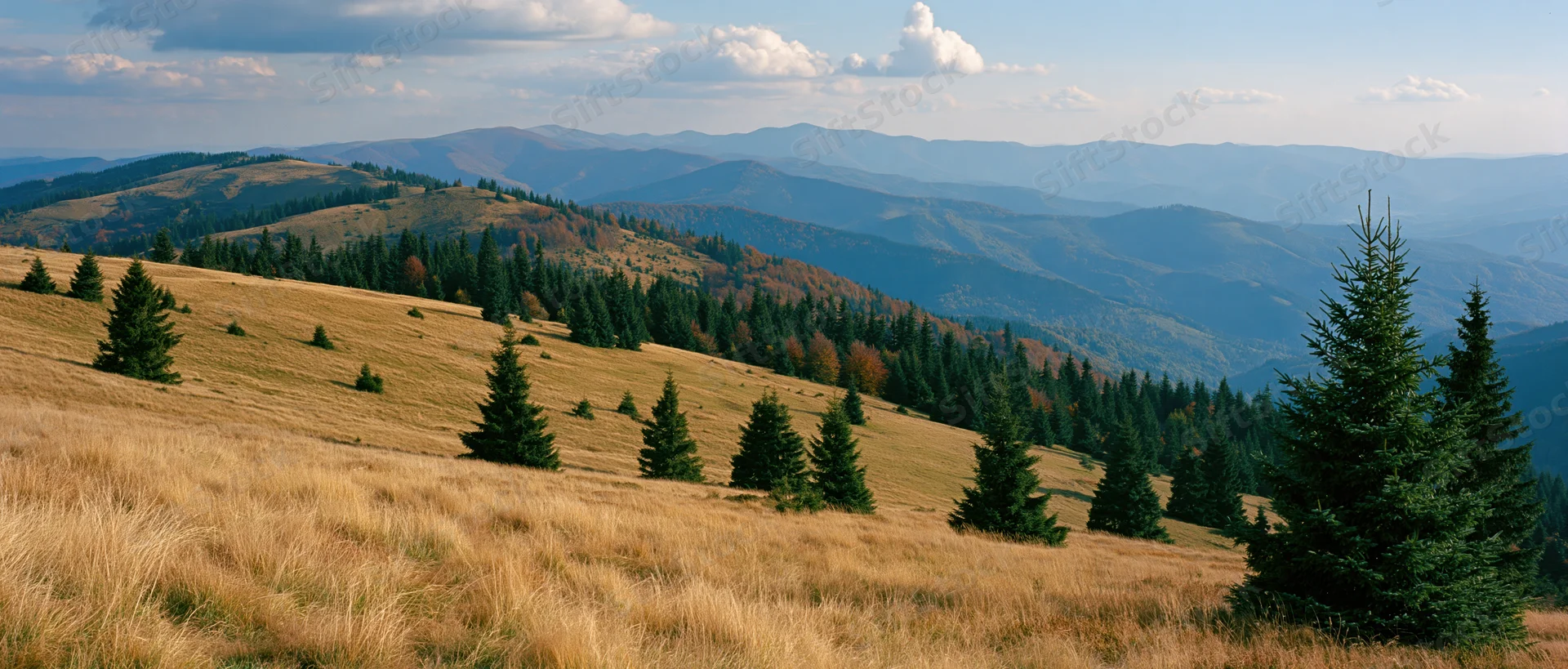Golden grassy meadow with scattered pine trees on rolling hills under a partly cloudy sky