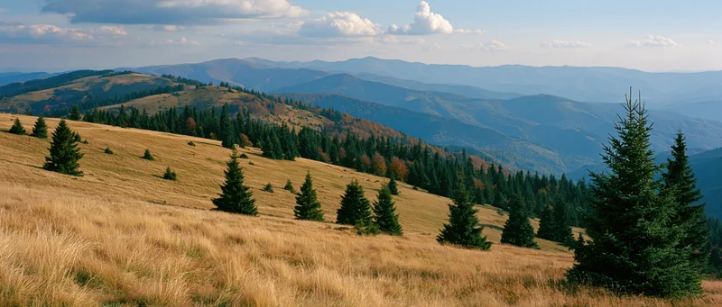 Golden grassy meadow with scattered pine trees on rolling hills under a partly cloudy sky