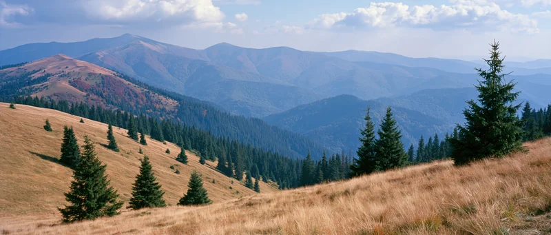 Mountain landscape with pine trees on grassy slopes and distant valleys under a partly cloudy sky