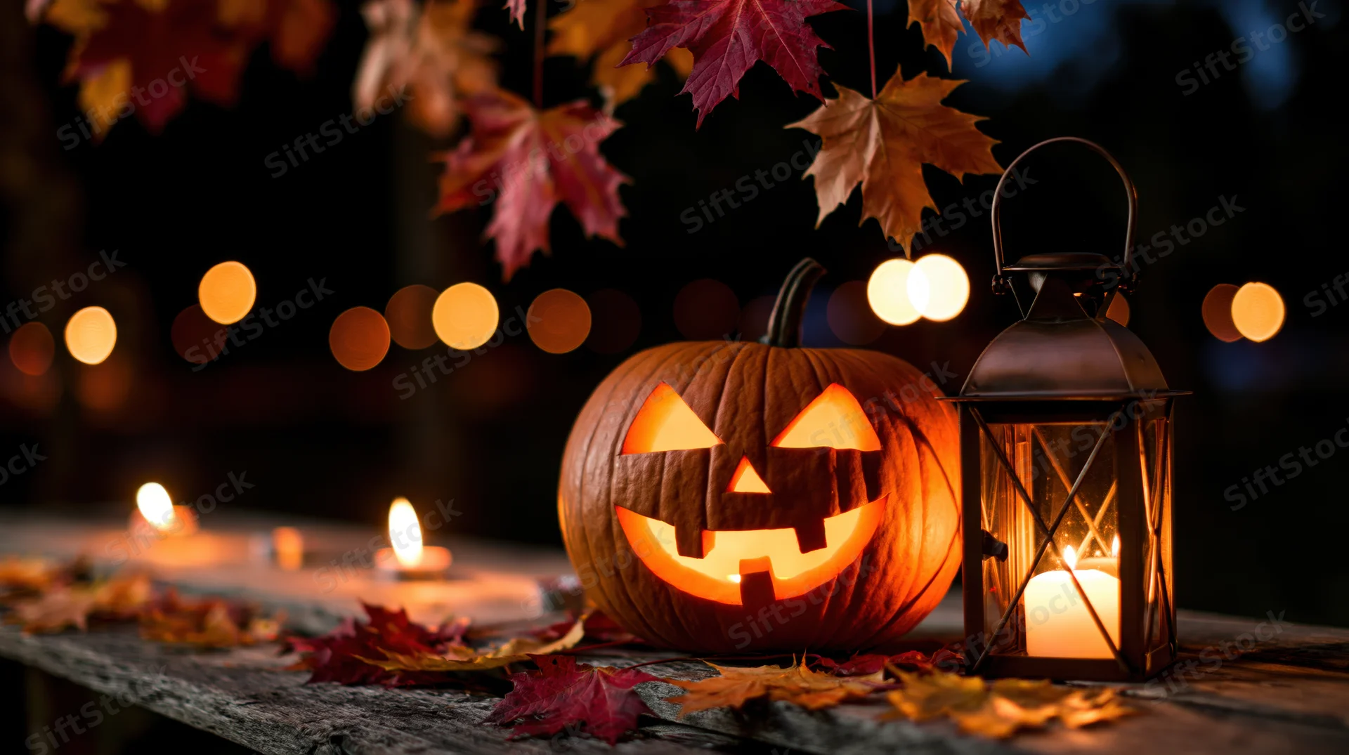 Carved pumpkin with glowing face and lantern on wooden table surrounded by autumn leaves at night