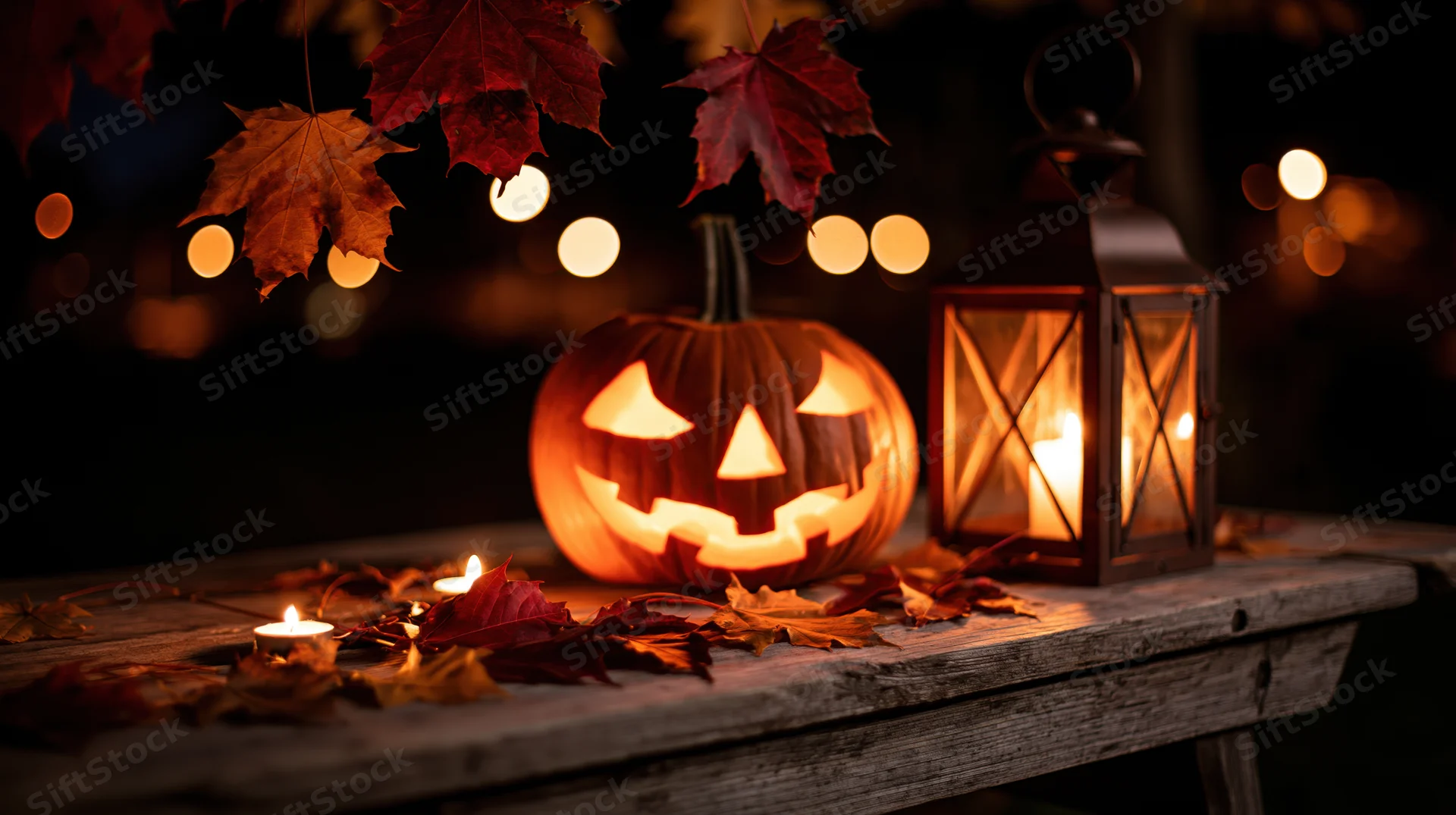 Carved pumpkin with glowing face and lantern on rustic wooden table surrounded by autumn leaves at night