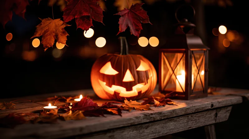 Carved pumpkin with glowing face and lantern on rustic wooden table surrounded by autumn leaves at night