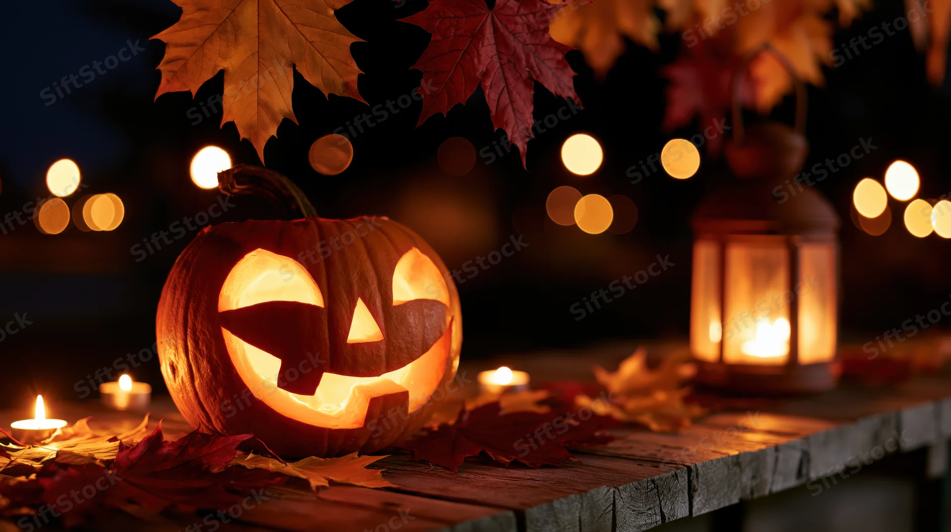 Carved pumpkin with glowing face on wooden table surrounded by autumn leaves and candles at night