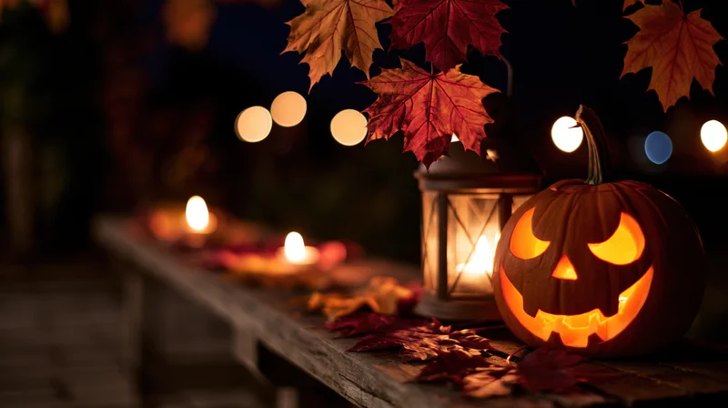 Carved pumpkin glowing beside lantern and candles on wooden table at night with autumn leaves scattered around