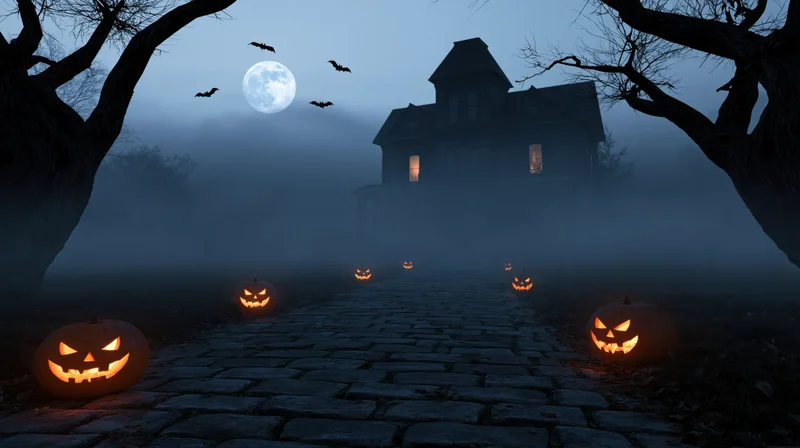 Glowing jack-o'-lanterns lining a cobblestone path leading to a haunted house in fog under a full moon
