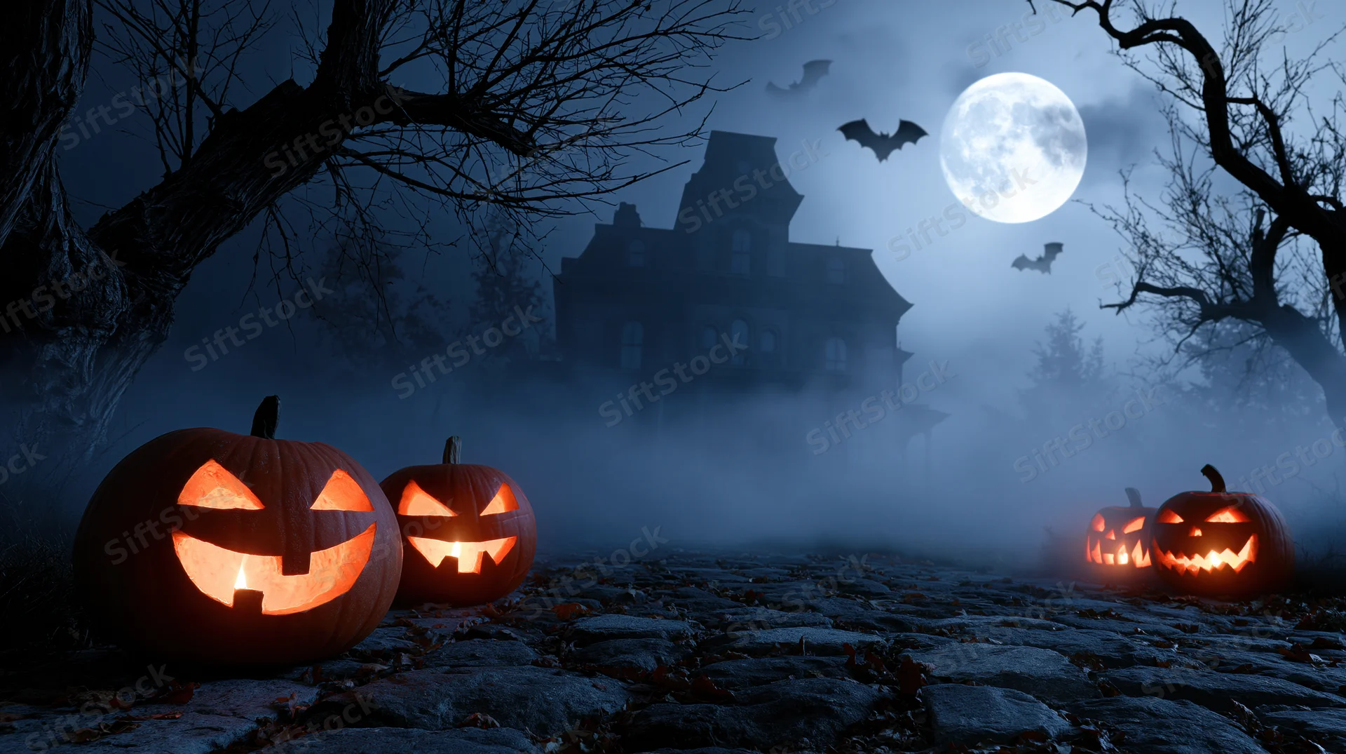 Carved pumpkins glowing on a cobblestone path leading to a haunted house under a full moon