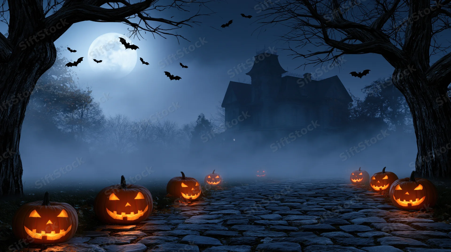 Carved pumpkins glowing along a cobblestone path leading to a haunted mansion under a full moon