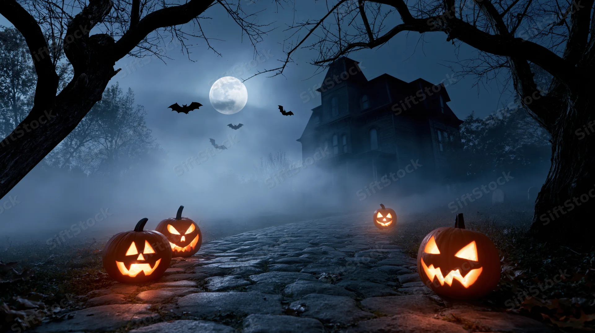 Carved pumpkins glowing on a cobblestone path leading to a haunted house under a full moon at night