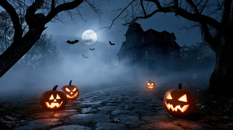 Carved pumpkins glowing on a cobblestone path leading to a haunted house under a full moon at night