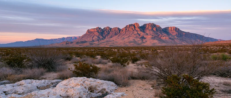 Desert landscape with rocky mountains at sunset, arid terrain and sparse shrubs in foreground