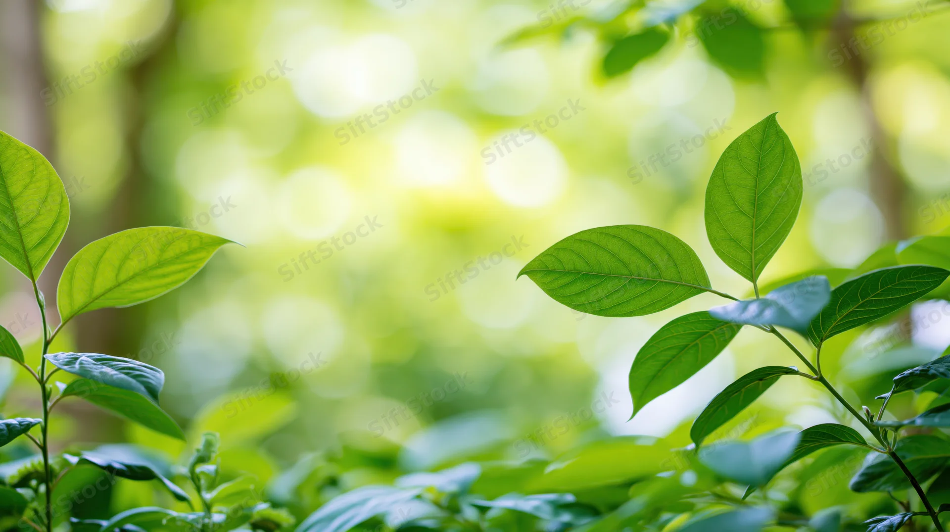 Green leaves on branches in a sunlit forest with soft bokeh background