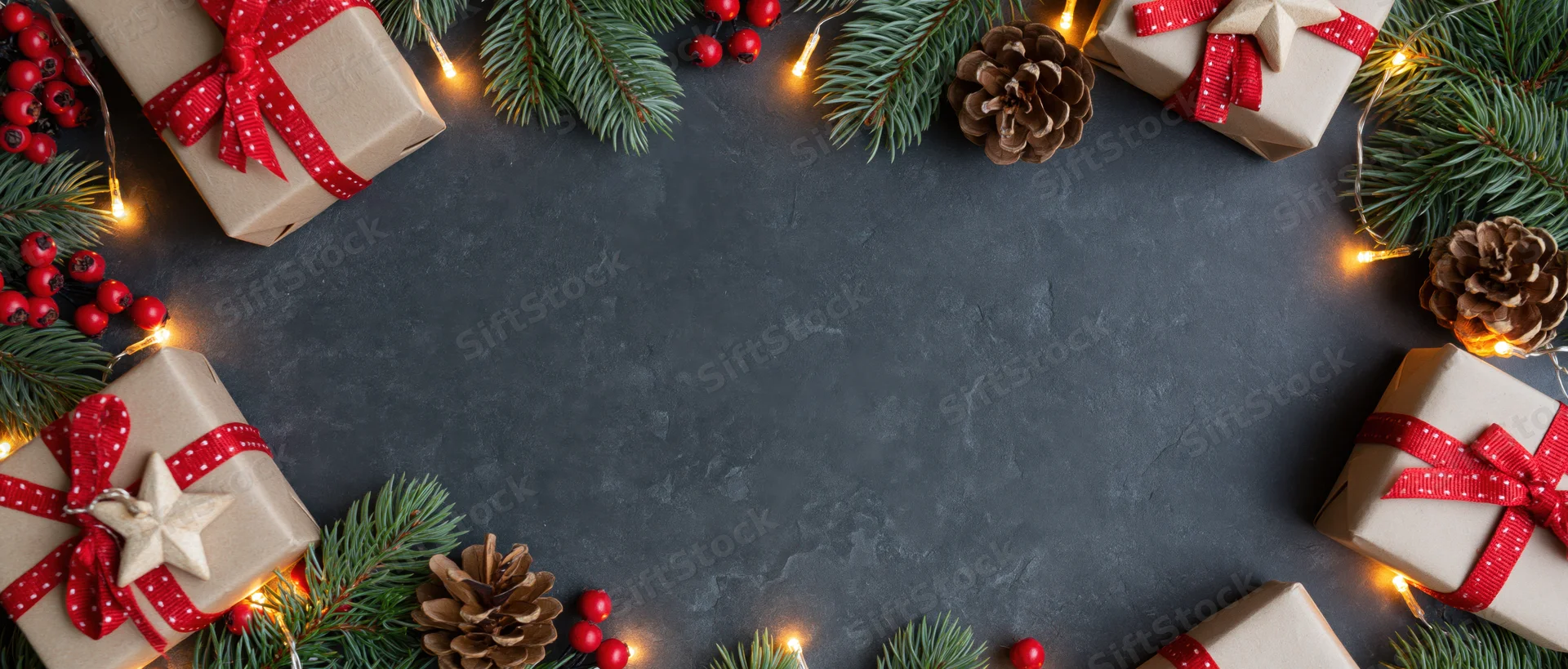 Christmas decorations and wrapped gifts arranged in a frame on dark surface with copyspace in center