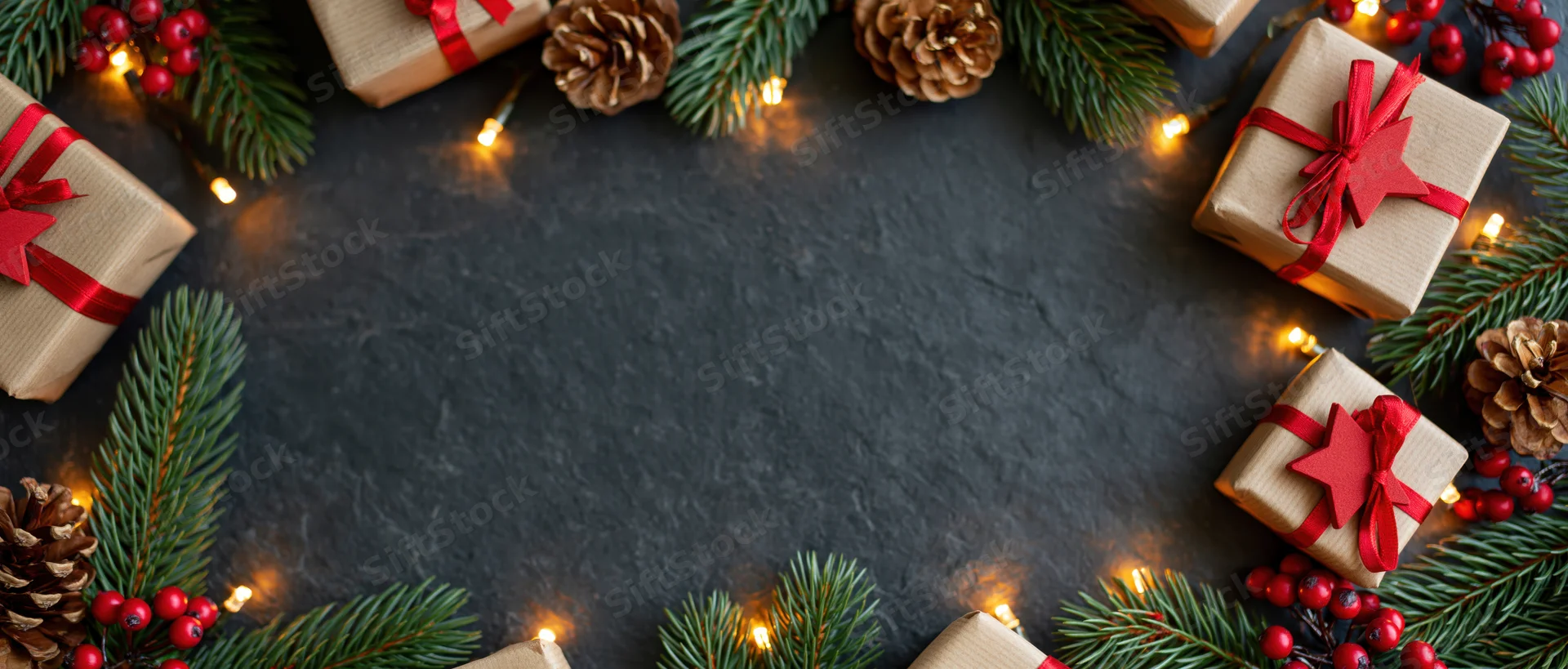 Christmas gifts wrapped in brown paper with red ribbons arranged in a frame around a dark slate surface with pine branches, pinecones, berries and string lights