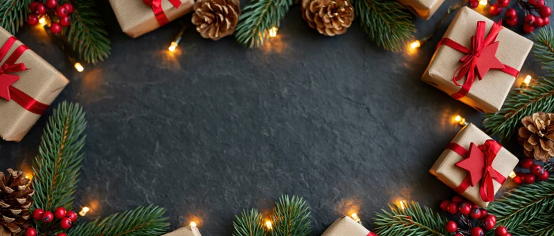 Christmas gifts wrapped in brown paper with red ribbons arranged in a frame around a dark slate surface with pine branches, pinecones, berries and string lights