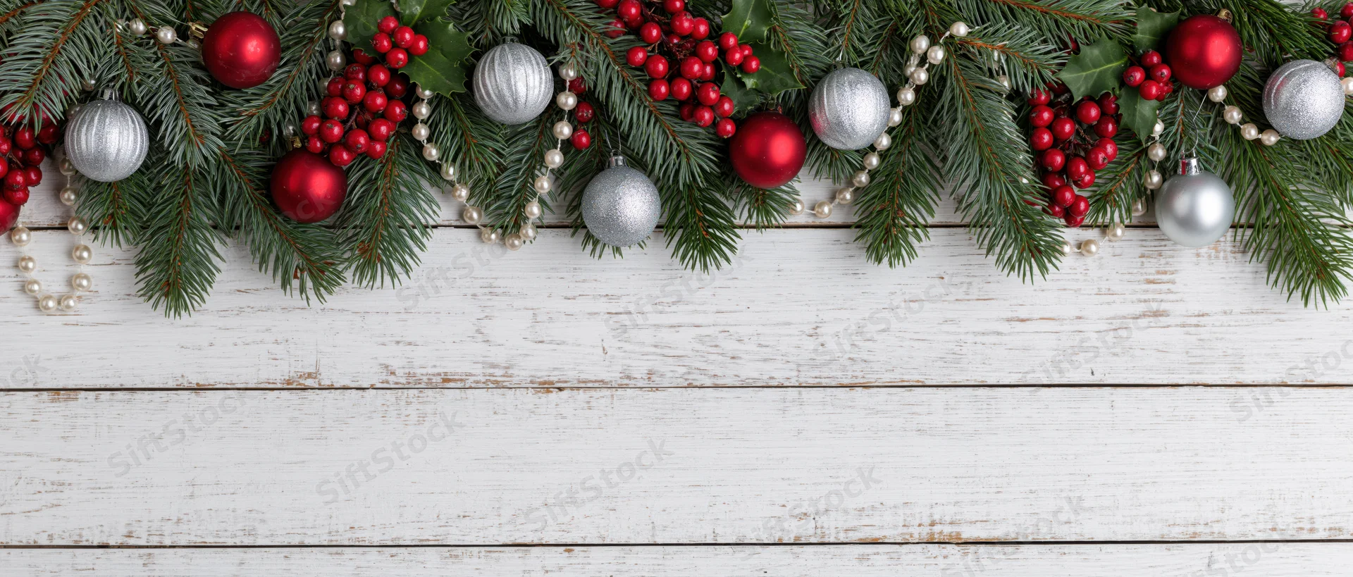 Christmas garland with pine branches, red and silver ornaments, holly berries, and pearl beads arranged along white wooden background
