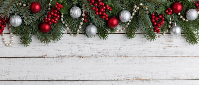 Christmas garland with pine branches, red and silver ornaments, holly berries, and pearl beads arranged along white wooden background