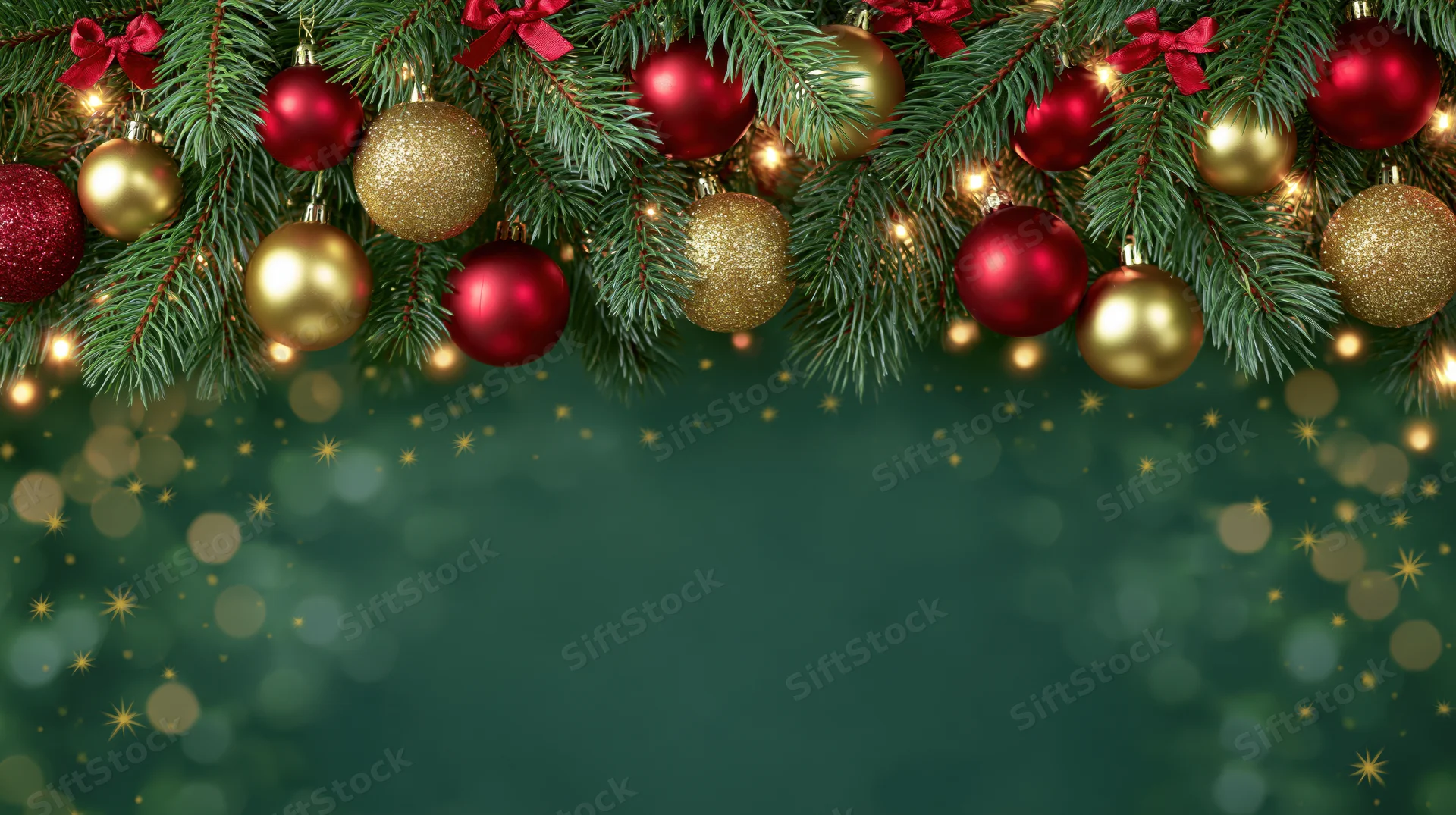 Christmas garland with red and gold ornaments and lights arranged across the top over a dark green bokeh background with copyspace below