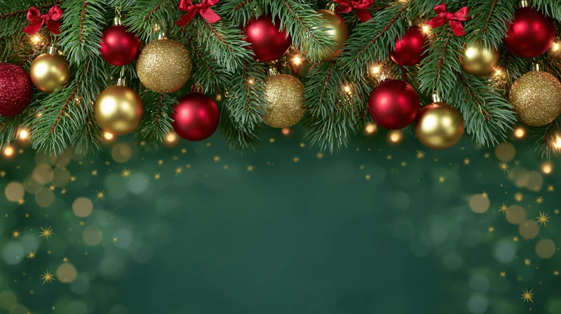 Christmas garland with red and gold ornaments and lights arranged across the top over a dark green bokeh background with copyspace below