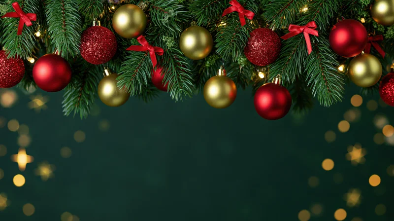 Christmas garland with red and gold ornaments and bows hanging over a dark green background with bokeh lights and copyspace below