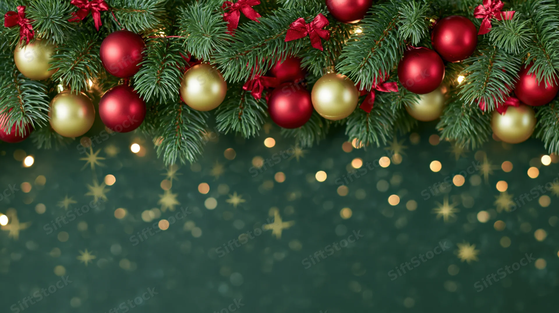 Christmas garland with red and gold ornaments and bows hanging above a bokeh background