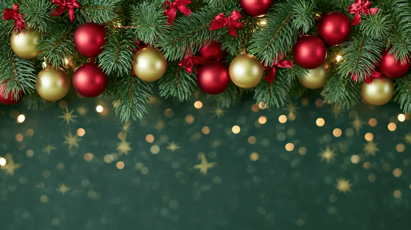Christmas garland with red and gold ornaments and bows hanging above a bokeh background
