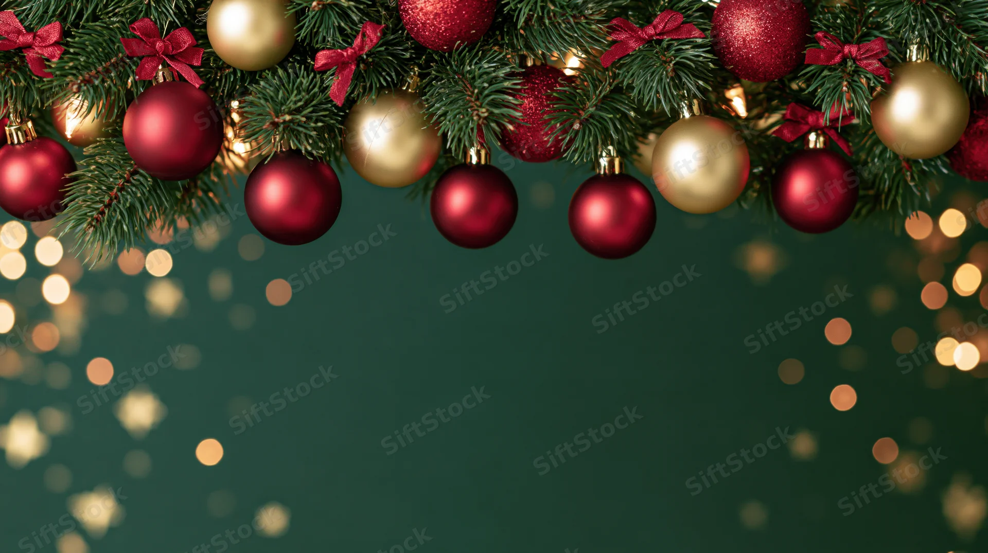 Christmas garland with red and gold ornaments and pine branches forming a decorative border against a dark green background with bokeh lights and copyspace below