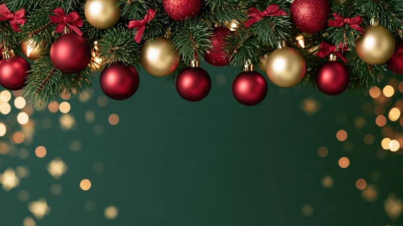 Christmas garland with red and gold ornaments and pine branches forming a decorative border against a dark green background with bokeh lights and copyspace below