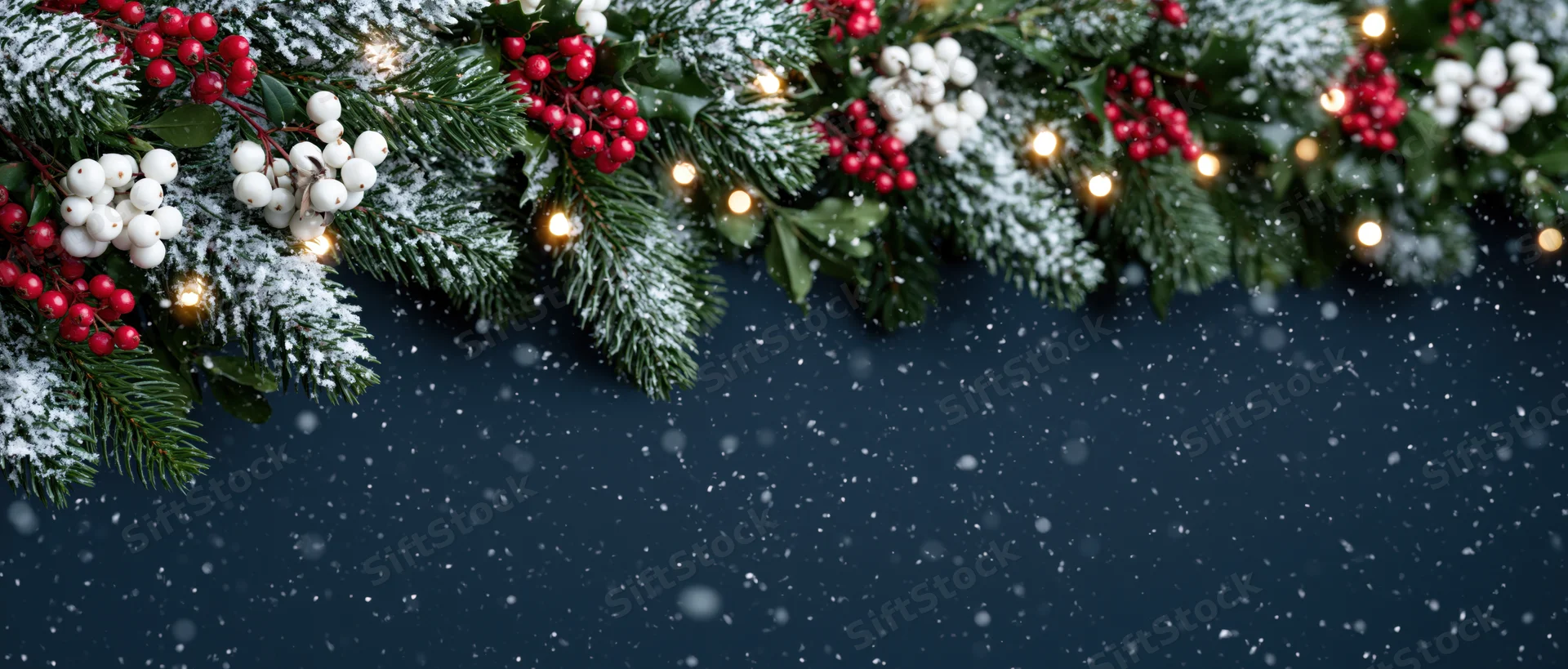 Snowy pine garland with red and white berries and warm lights arranged as a border against a dark blue background with falling snow and copyspace below