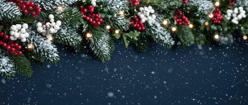 Snowy pine garland with red and white berries and warm lights arranged as a border against a dark blue background with falling snow and copyspace below
