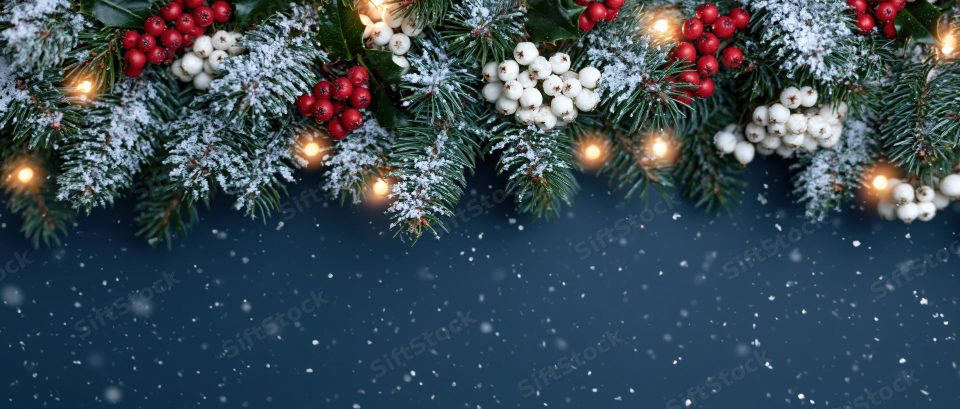 Snow-covered pine garland with red and white berries and warm lights arranged across the top against a dark blue background with falling snow and copyspace below