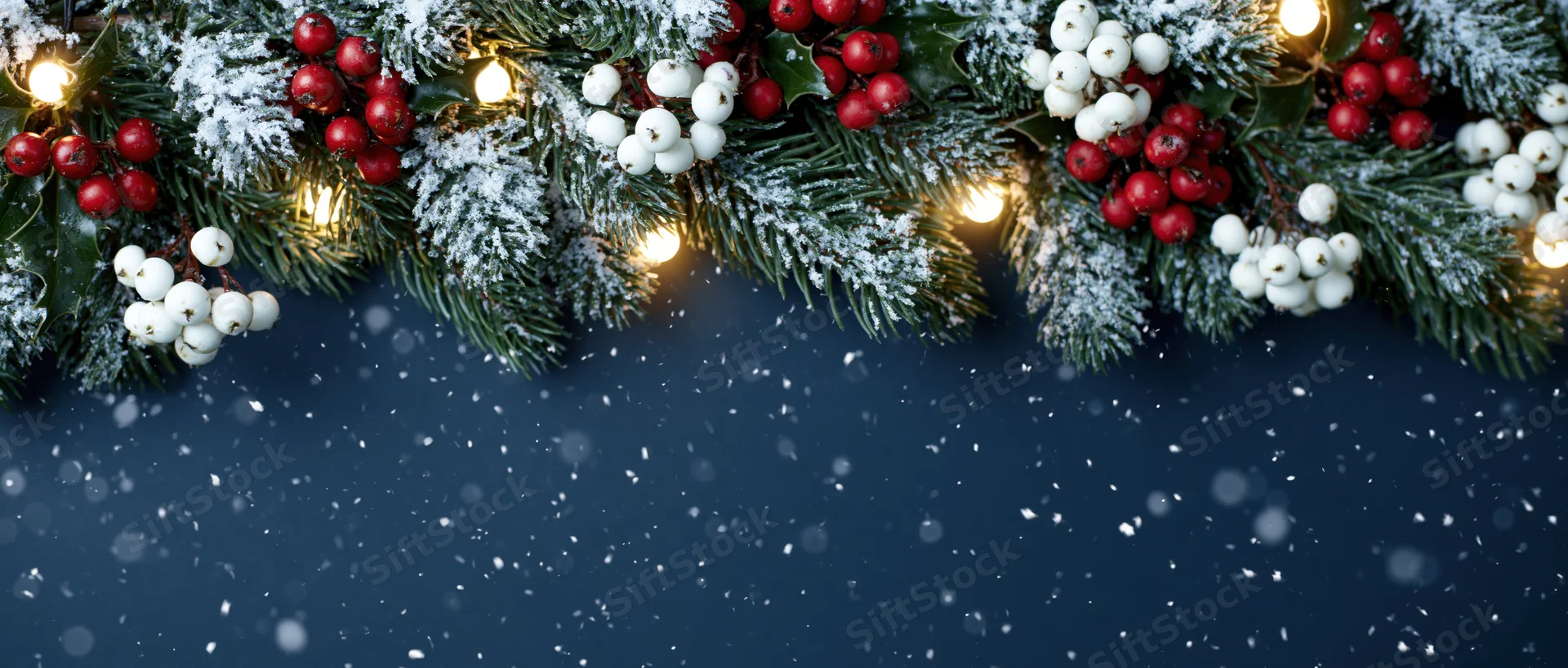 Christmas garland with pine branches, holly, red and white berries, snow, and warm lights arranged across the top against a dark blue background with falling snow and copyspace below