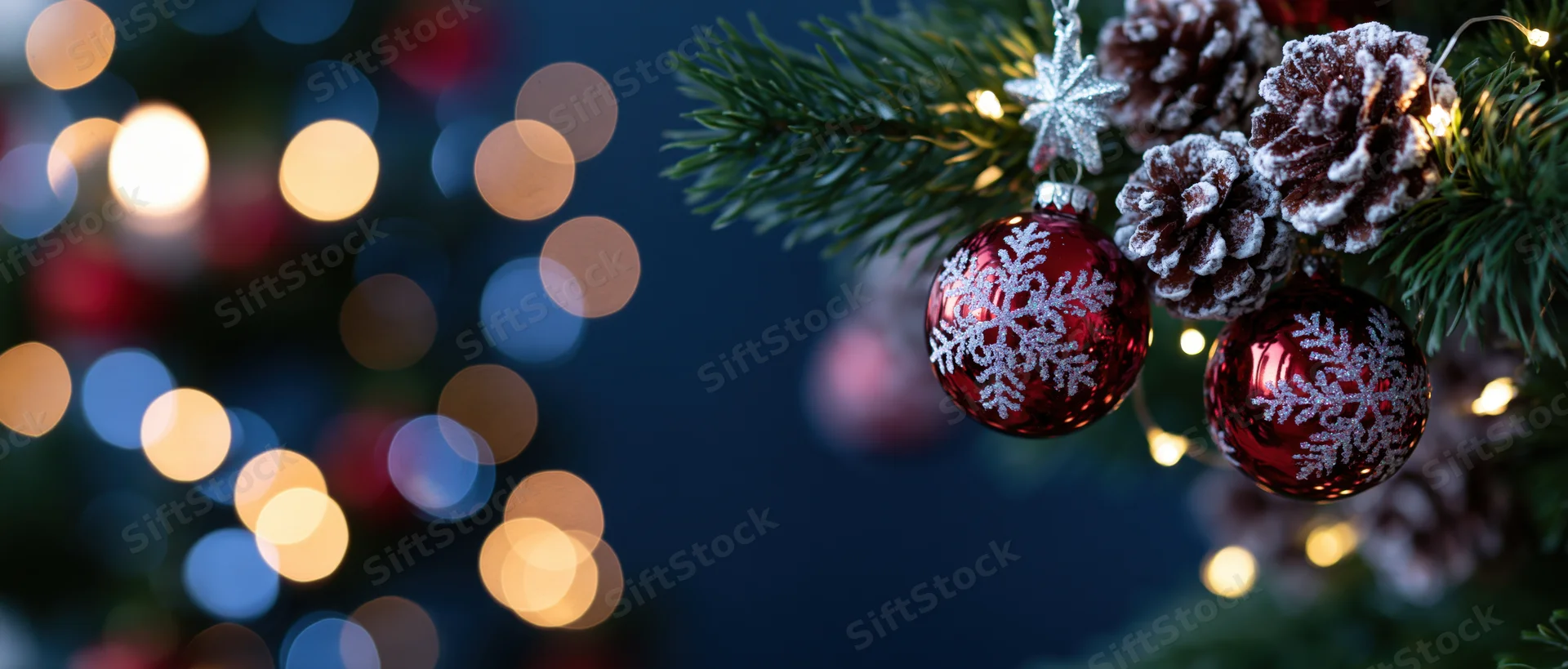 Christmas ornaments and pinecones on a tree branch with blurred lights in the background