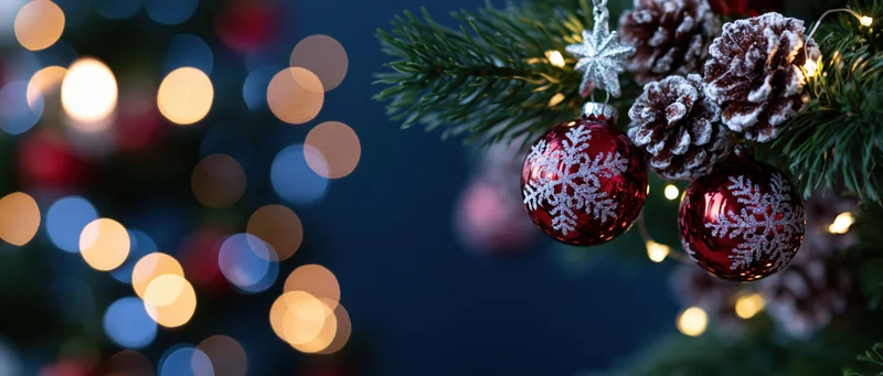 Christmas ornaments and pinecones on a tree branch with blurred lights in the background