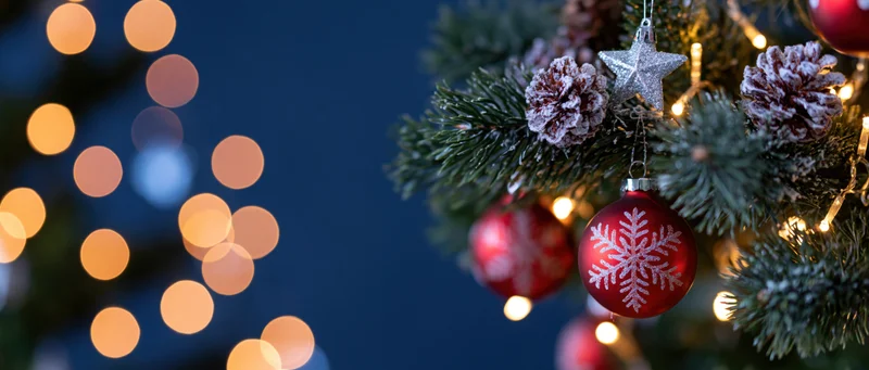 Decorated christmas tree branch with red ornaments and pinecones against a dark blue background with warm bokeh lights