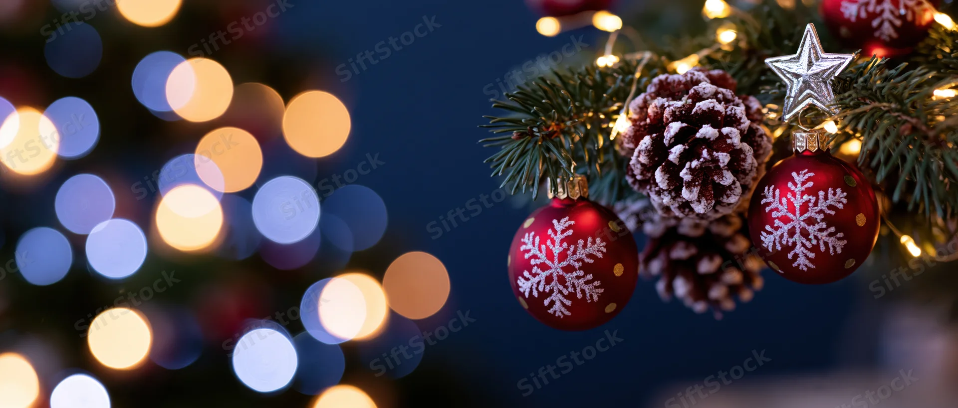 Christmas tree branch decorated with red snowflake ornaments and pinecones, lit by warm string lights with blurred bokeh background