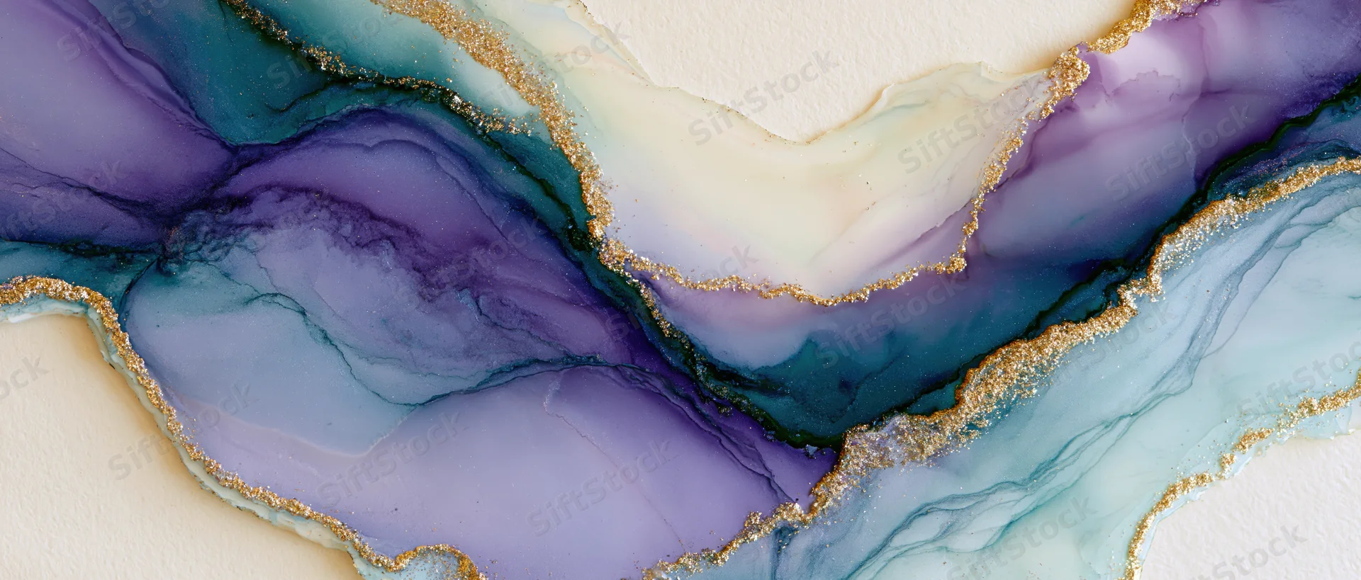 Abstract fluid art with swirling purple blue and gold resin patterns on textured surface