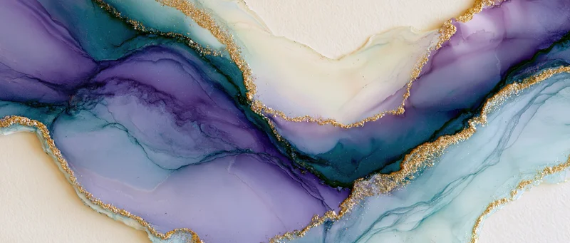 Abstract fluid art with swirling purple blue and gold resin patterns on textured surface