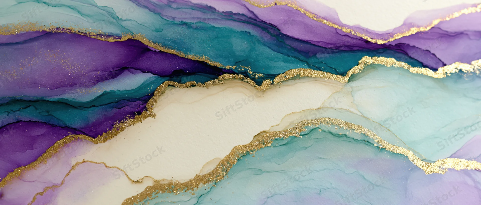 Fluid paint waves in purple, teal and gold with glitter accents on a white background
