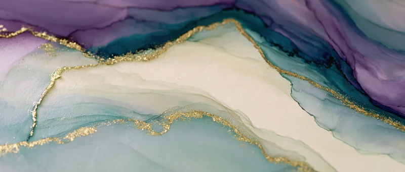 Abstract fluid paint artwork with flowing purple blue and teal layers accented by gold shimmer on a smooth textured surface