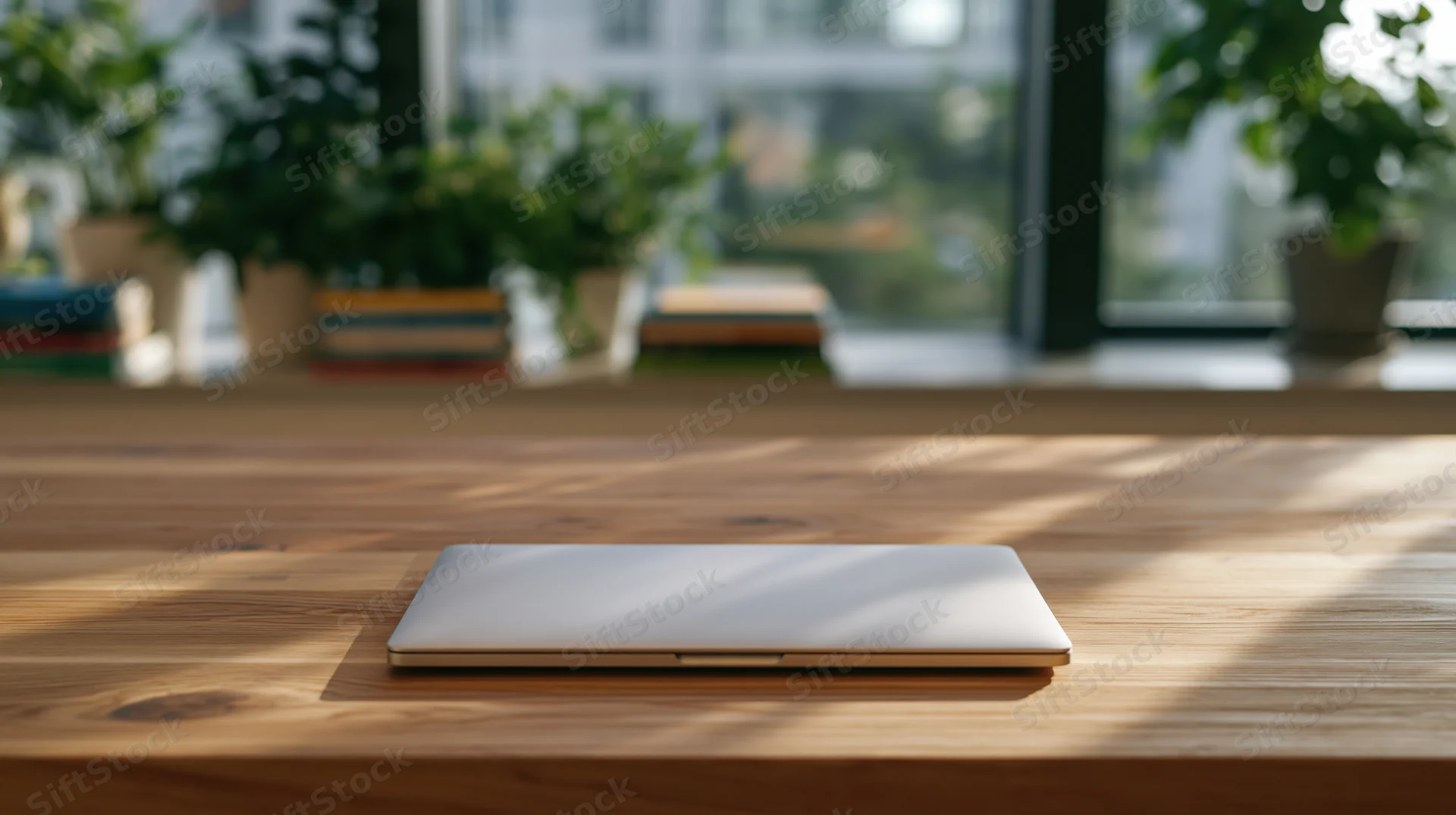 Closed laptop on wooden desk by window with potted plants in sunlight