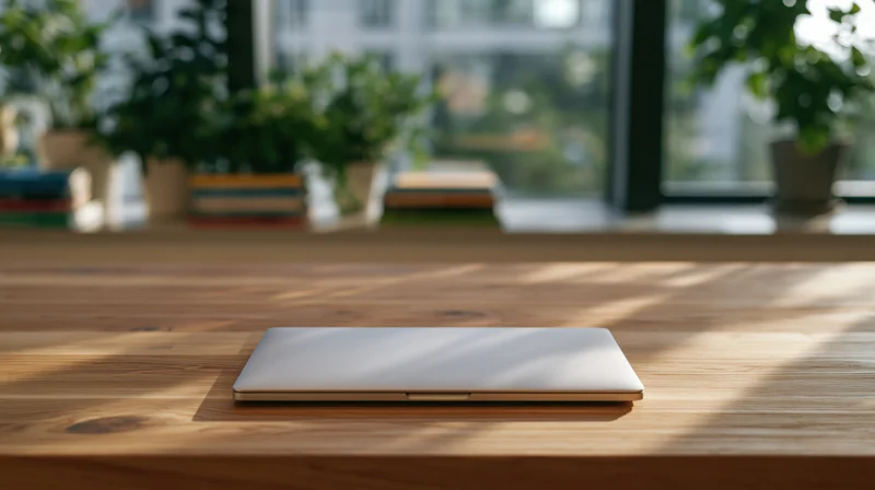 Closed laptop on wooden desk by window with potted plants in sunlight