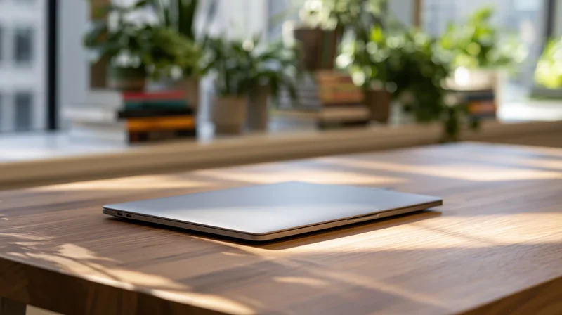 Closed laptop on wooden desk in sunlit home office with plants and books in background